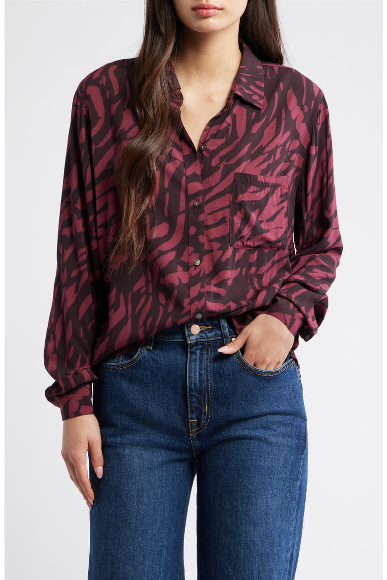 Josephine Print Button-Up Shirt, Main, color, OXBLOOD TIGER STRIPE