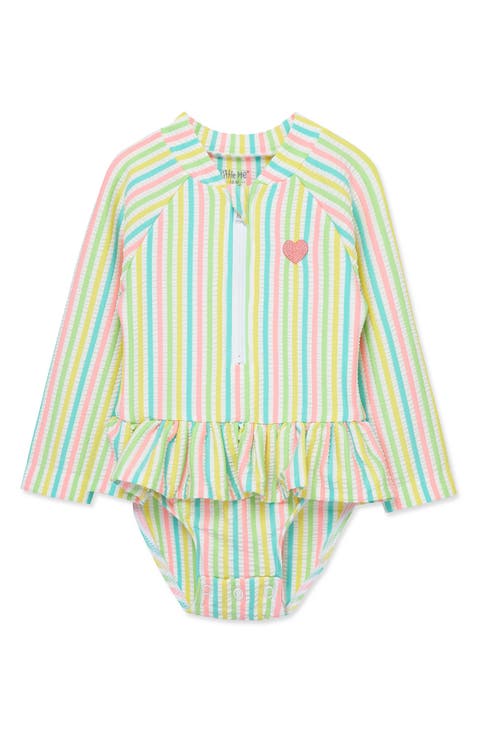 Multi Stripe Ruffle Long Sleeve Rashguard Swimsuit (Baby)