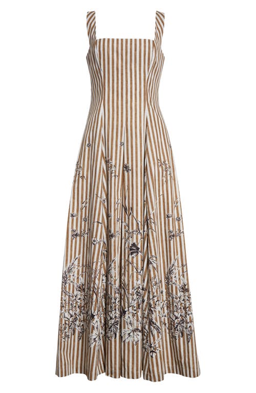 Lela Rose Caitlin Striped Floral-print Poplin Midi Dress In Walnut