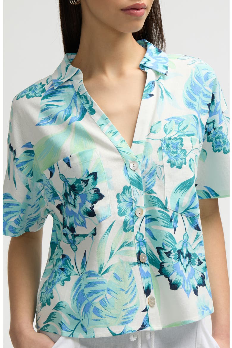 Crop Button-Up Camp Shirt, Alternate, color, TROPICAL BLUE
