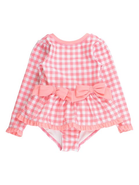 UPF50+ Long Sleeve One Piece Bow Peplum Rash Guard Swimsuit