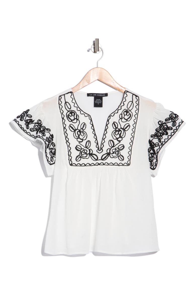 Soutache Trim Top with Flutter Sleeves, Main, color, WHITE/ BLACK