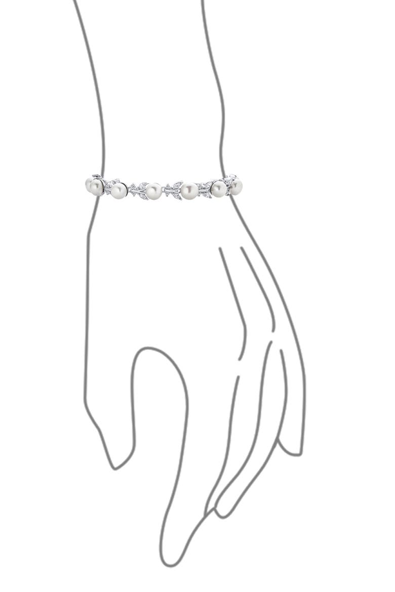 Bridal Flowers 6mm Cultured Freshwater Pearl & Cubic Zirconia Bracelet, Alternate, color, SILVER LEAF/ SMALL PEARL