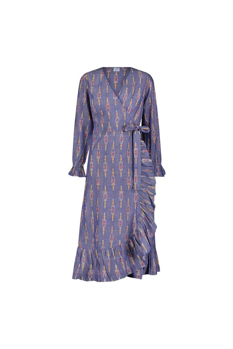 Genevieve Womens Ruffle Wrap Dress Chambray Ikat, Main, color, Blue