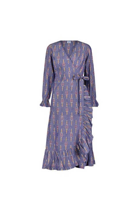 Genevieve Womens Ruffle Wrap Dress Chambray Ikat