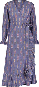 Mer St. Barth Genevieve Womens Ruffle Wrap Dress Chambray Ikat