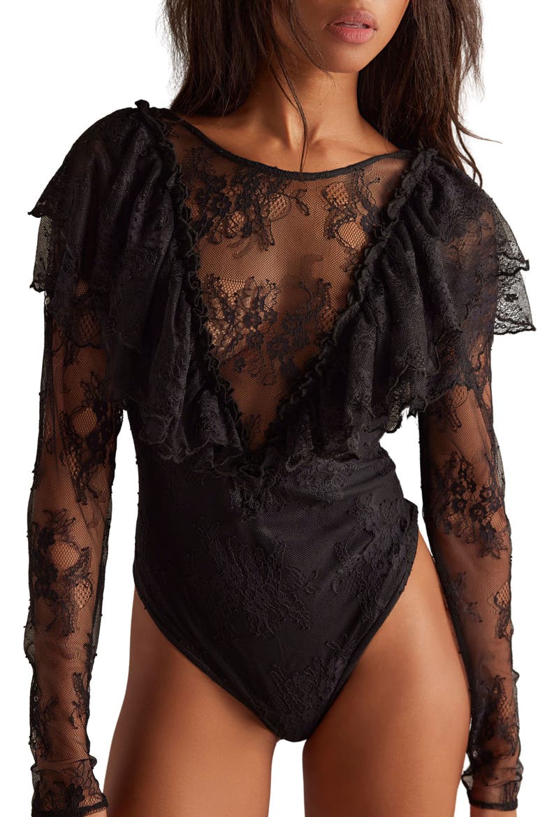 Sunday Candy Lace Long Sleeve Bodysuit, Alternate, color, BLACK