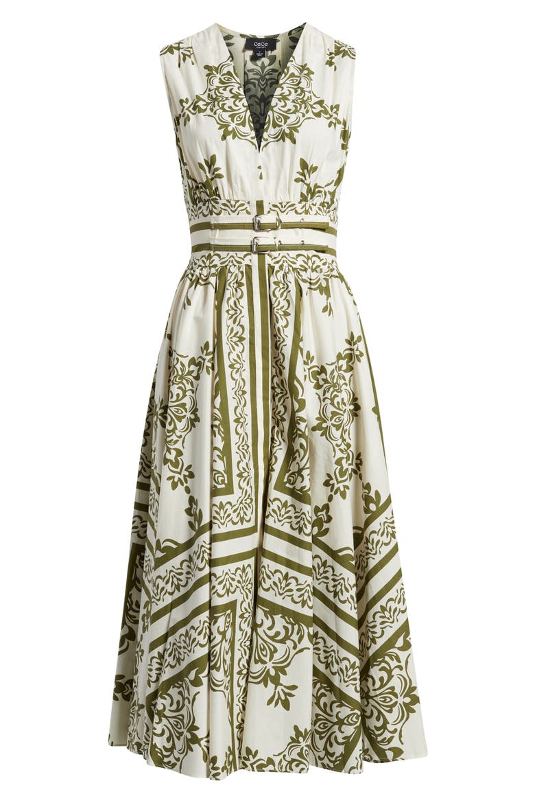 Sleeveless Belted Cotton Midi Dress, Alternate, color, OLIVE GREEN