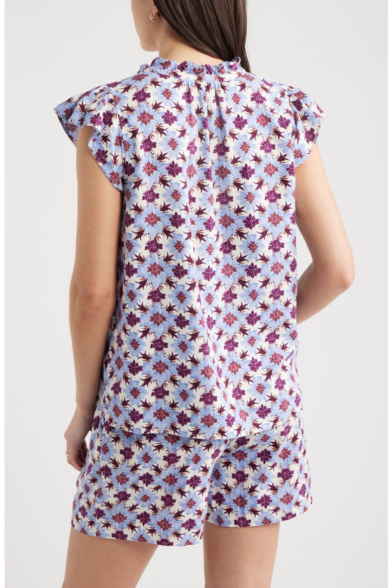 Flutter Sleeve Print Popover Top, Alternate, color, IVORY- PURPLE MILLIE TILE