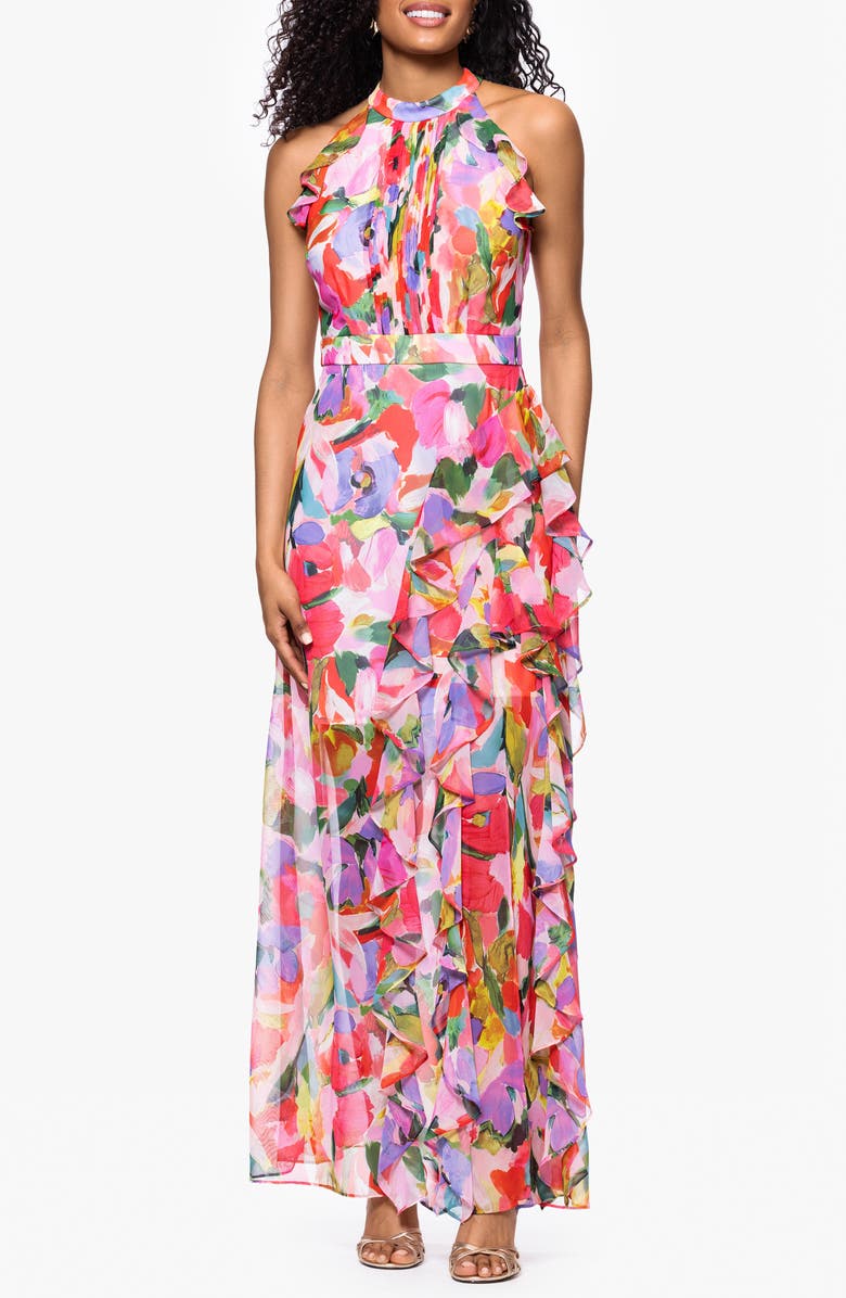 Betsy & Adam Floral High Neck Sheath Gown, Main, color, Pink Multi