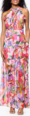 Betsy & Adam Floral High Neck Sheath Gown