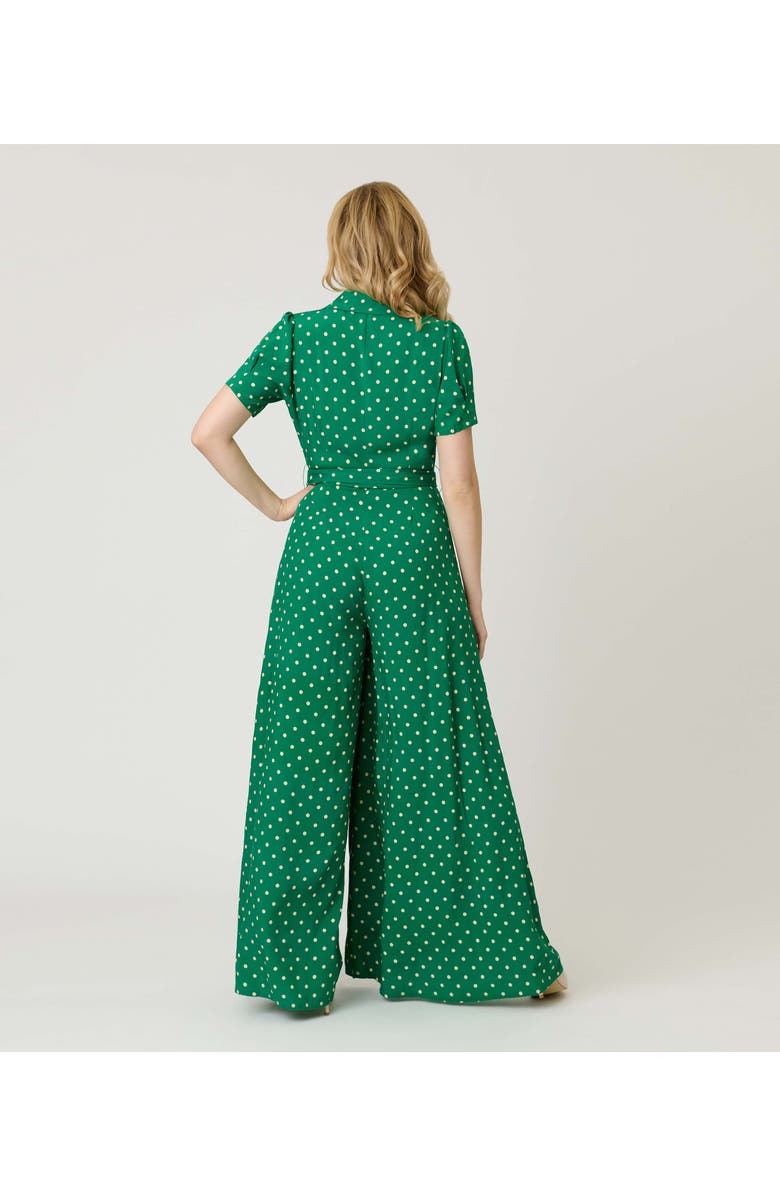 Unique Vintage 1940s Flare Leg Jumpsuit, Alternate, color, Green & White Dot