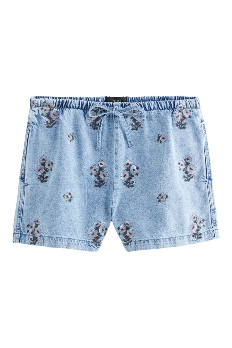Embroidered Tie Waist Denim Shorts, Alternate, color, BLUE