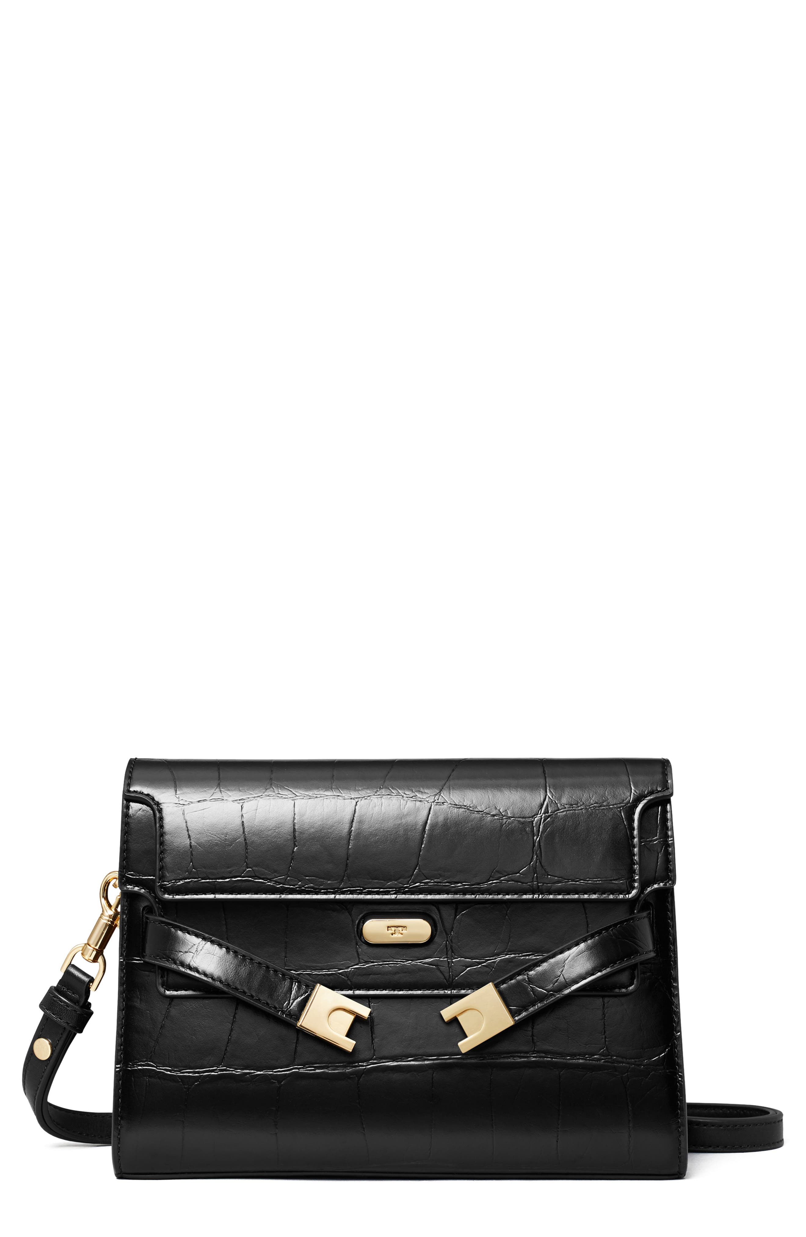 Lee Radziwill Croc Embossed Leather Shoulder Bag, Main, color, BLACK