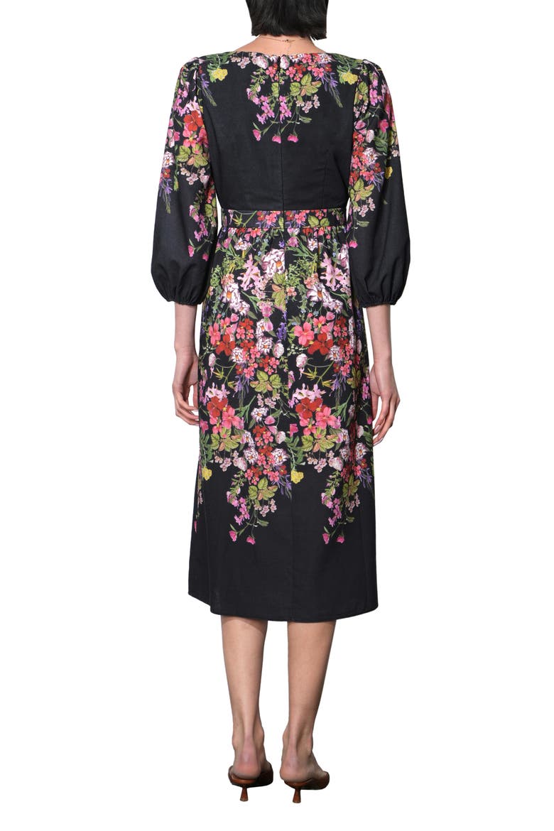 Tessa Floral Print Balloon Sleeve Midi Dress, Alternate, color, BLACK FLORAL