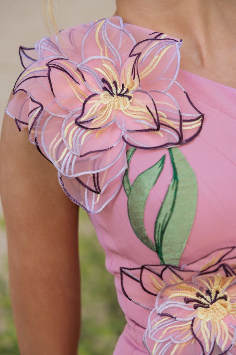 One Shoulder Floral Detail Crepe A Line Gown, Alternate, color, Orchid