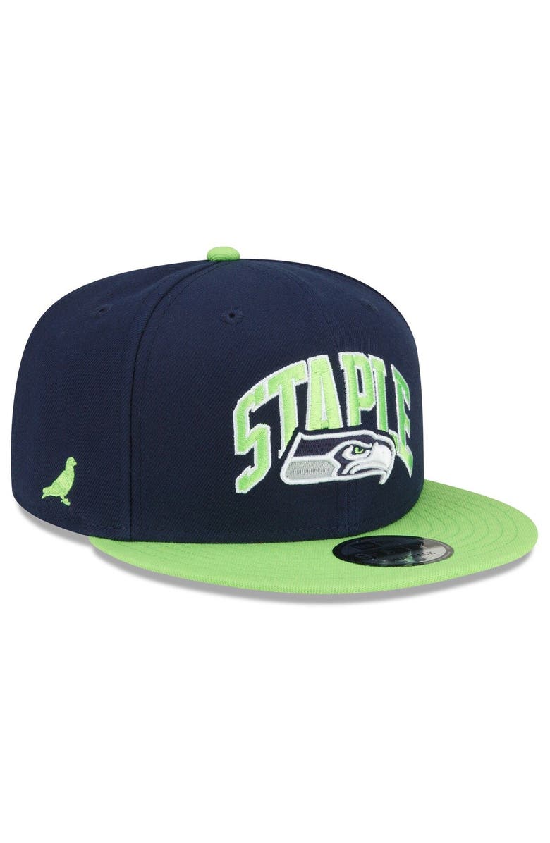 New Era x Staple Men's New Era Navy/Neon Green Seattle Seahawks NFL x Staple Collection 9FIFTY Snapback Adjustable Hat, Main, color, 