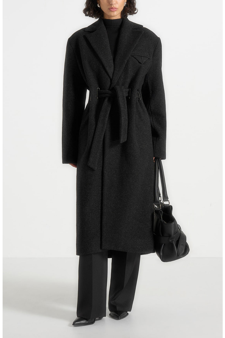 Jena Wide Shoulder Wool Coat with Cinch Belt, Alternate, color, Black