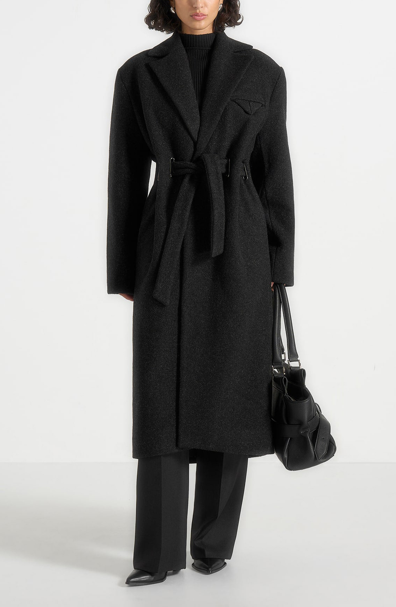 Manière De Voir Jena Wide Shoulder Wool Coat with Cinch Belt, Alternate, color, Black