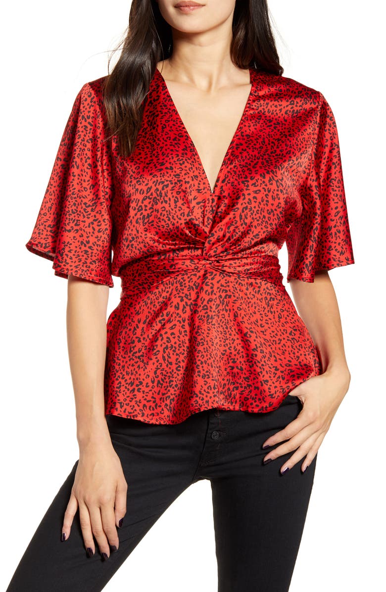 Bishop + Young Bishop & Young Karlie Leopard Print Satin Crepe Peplum Blouse, Main, color, 