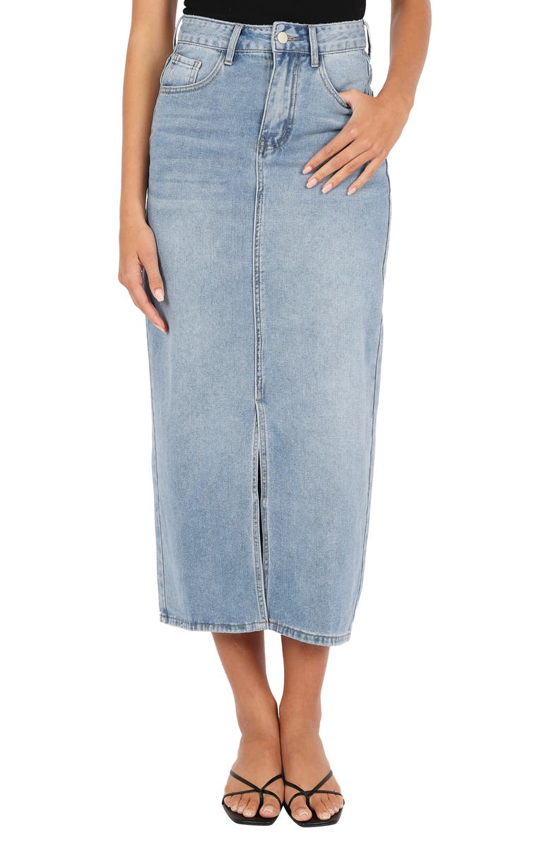 Petal & Pup Dana Front Slit Denim Midi Skirt, Main, color, Blue Wash