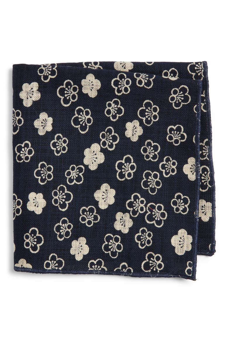 Floral Linen Pocket Square, Main, color, NAVY