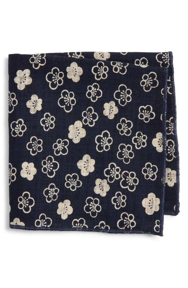 CLIFTON WILSON Floral Linen Pocket Square, Main, color, Navy