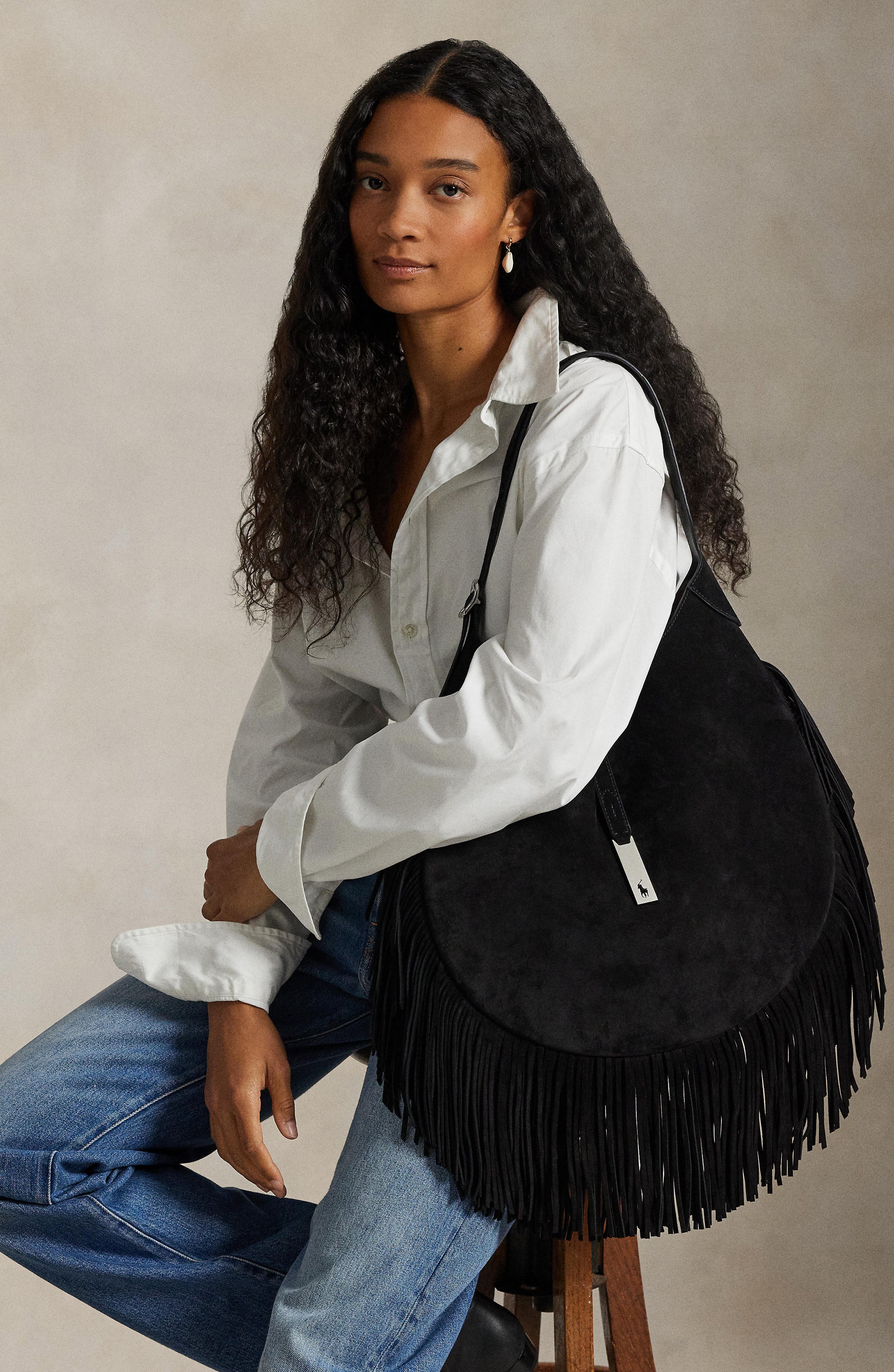 Polo ID Fringe Suede Shoulder Bag, Alternate, color, BLACK