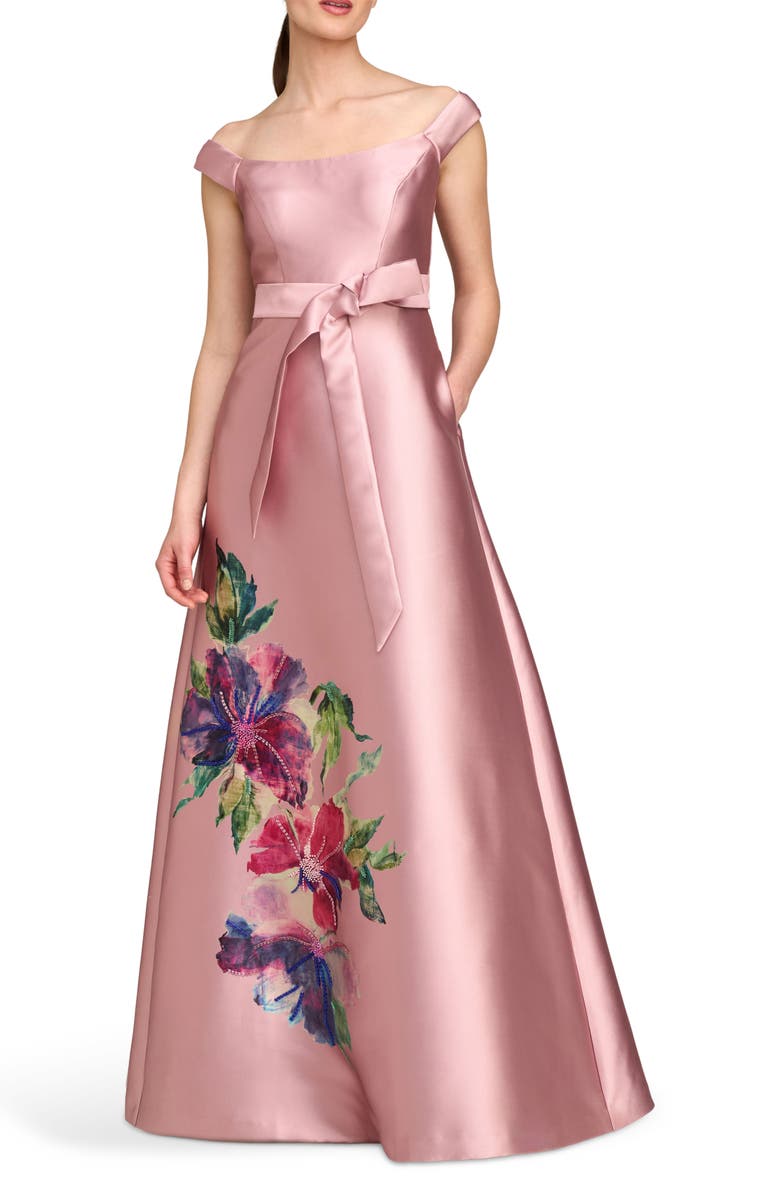 Kay Unger Kitri Placed Floral Off the Shoulder A-Line Gown, Main, color, 