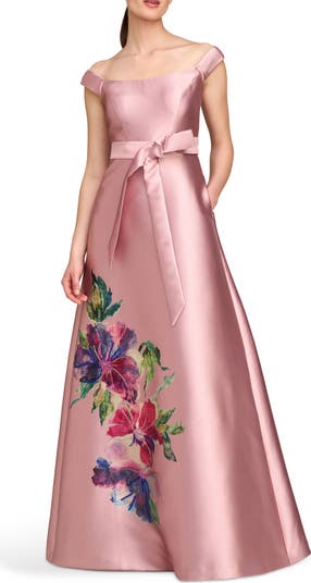 Kay Unger Kitri Placed Floral Off the Shoulder A-Line Gown