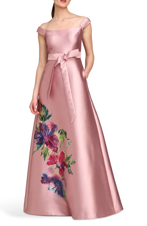 Kay Unger Kitri Placed Floral Off The Shoulder A-line Gown In Woodrose Multi