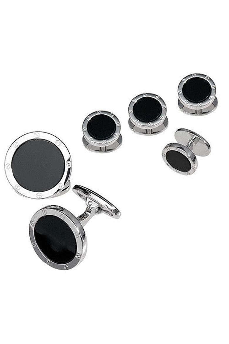 Rivet Etch Sterling Cufflinks & Studs, Main, color, BLACK