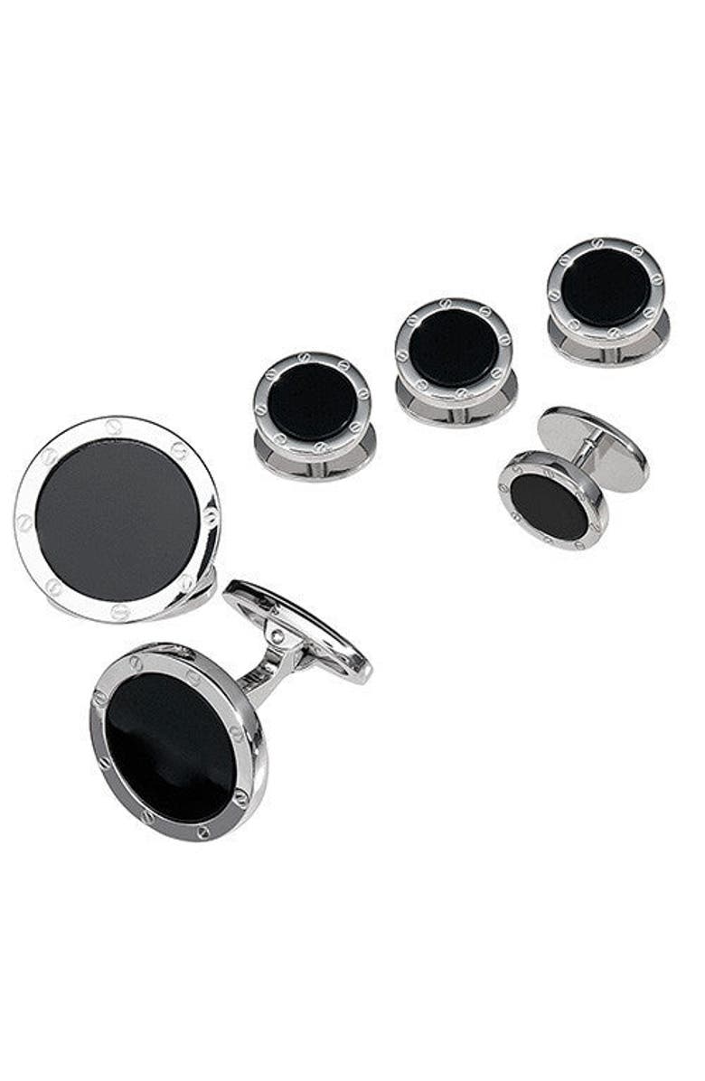 Jan Leslie Rivet Etch Sterling Cufflinks & Studs, Main, color, Black