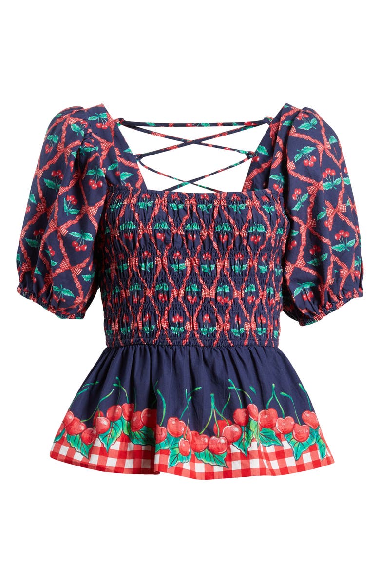 Damson Madder Allegra Cherry Pie Smocked Organic Cotton Peplum Top, Alternate, color, Navy/ Red