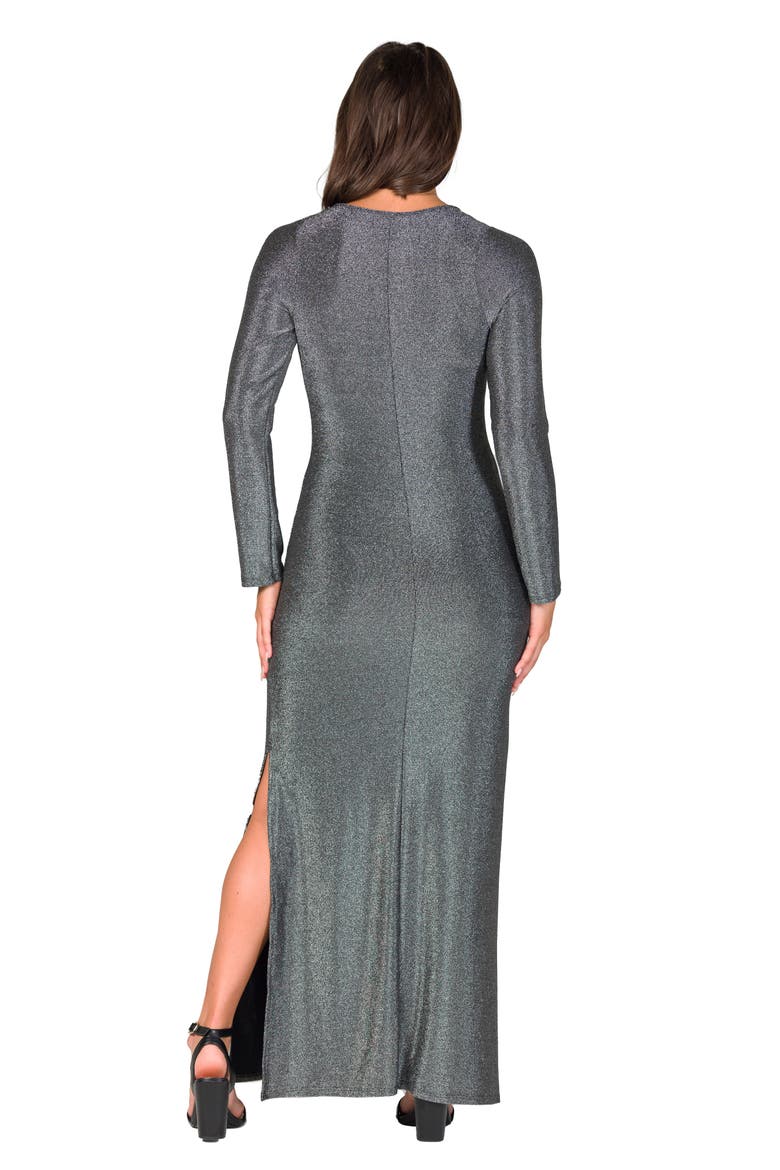 Fitted Long Sleeve Shimmery Fabric Side Slit Maxi Dress, Alternate, color, Silver