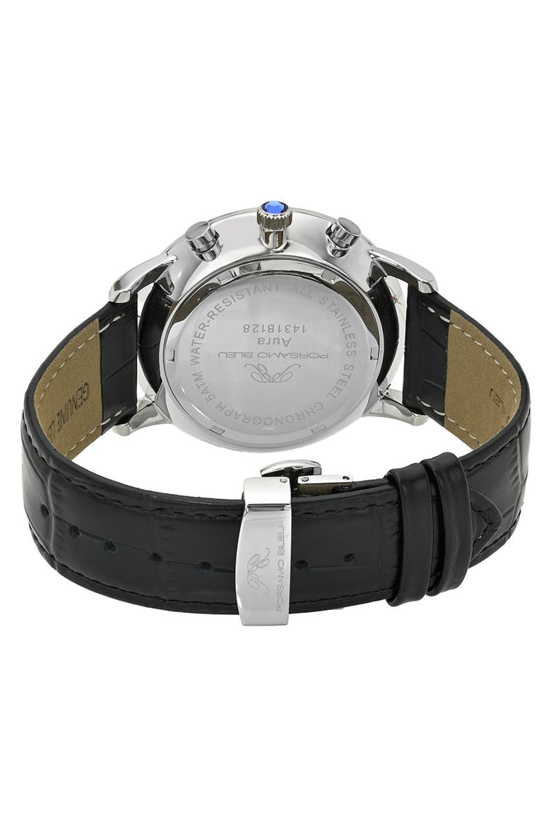 Aura Leather Strap Chronograph Watch, 44mm, Alternate, color, SILVER BLACK