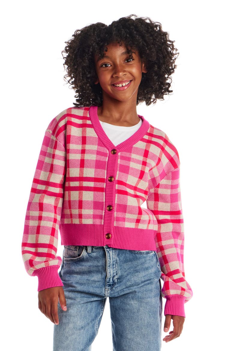 Kids' Plaid Cotton Cardigan, Alternate, color, PINK PLAID