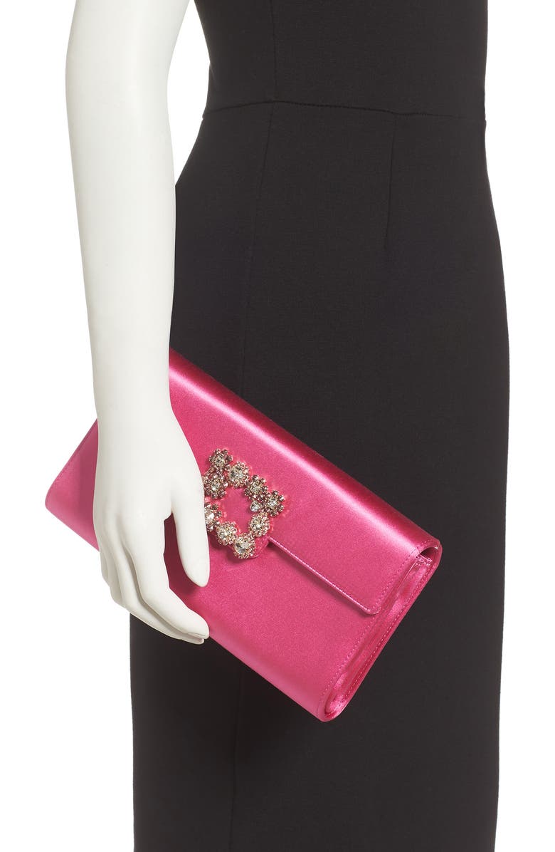 Roger Vivier Flower Buckle Satin Clutch, Alternate, color,