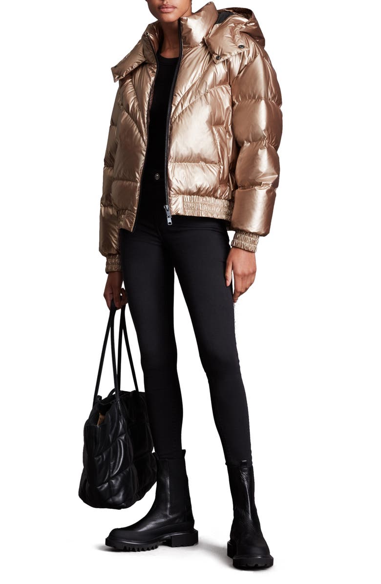 AllSaints Mika Hooded Metallic Down Puffer Jacket, Alternate, color, Rose Pink