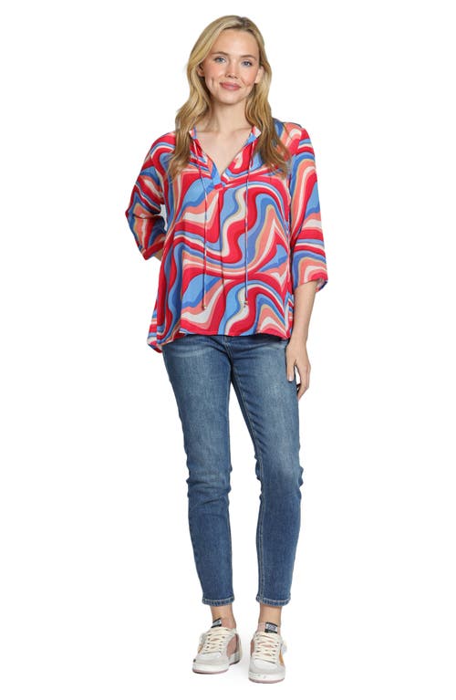 Apny Print Tassel Split Neck Chiffon Top In Pink/blue Multi