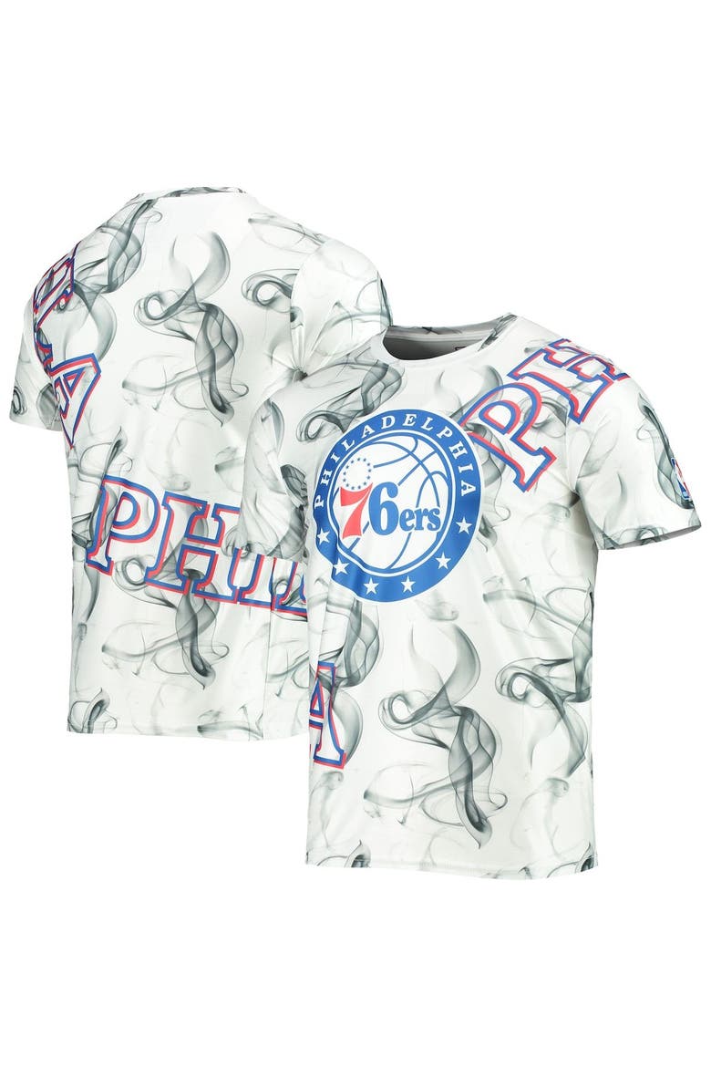 Men's FISLL White/Black Philadelphia 76ers Asymmetric Bold Smoke T-Shirt, Alternate, color, White