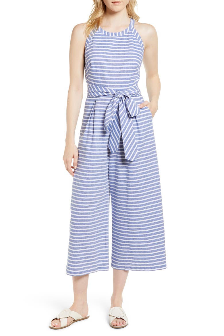 Halter Neck Stripe Crop Jumpsuit, Main, color, NAVY