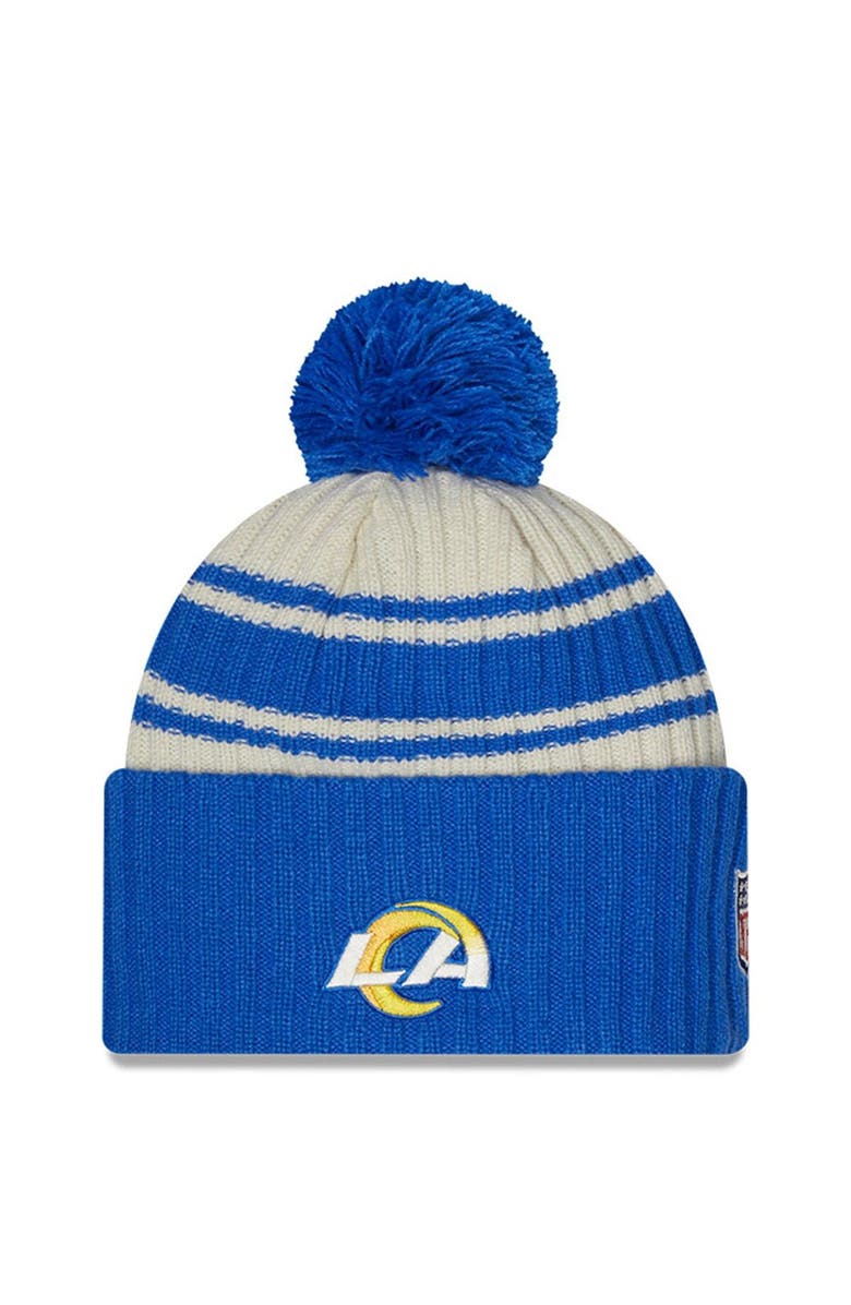 New Era Men's New Era Cream/Royal Los Angeles Rams 2022 Sideline Sport Cuffed Pom Knit Hat, Alternate, color, Cream