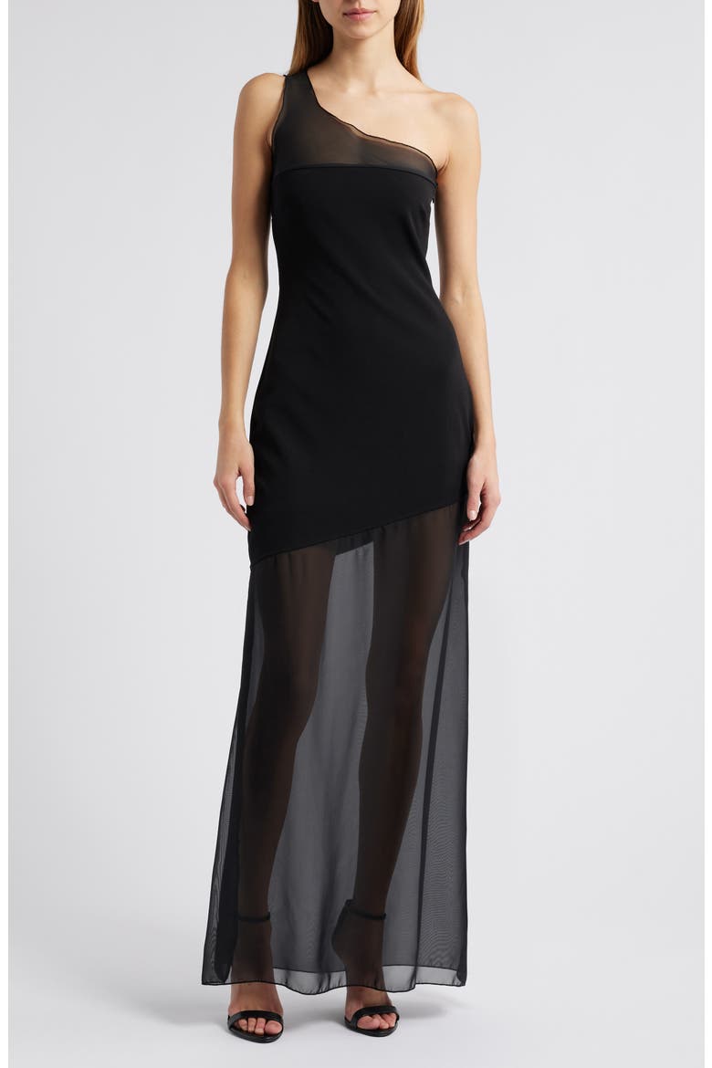 One-Shoulder Mixed Media Gown, Main, color, BLACK