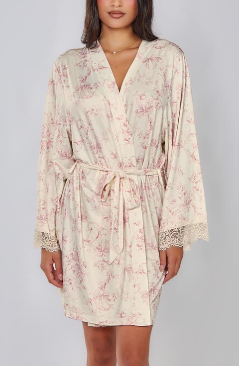 Toile Print Lace-Trim Brushed Knit Robe