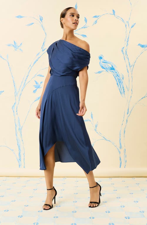 Maggy London Asymmetric Neck & Hem Satin Cocktail Midi Dress In Ensign Blue