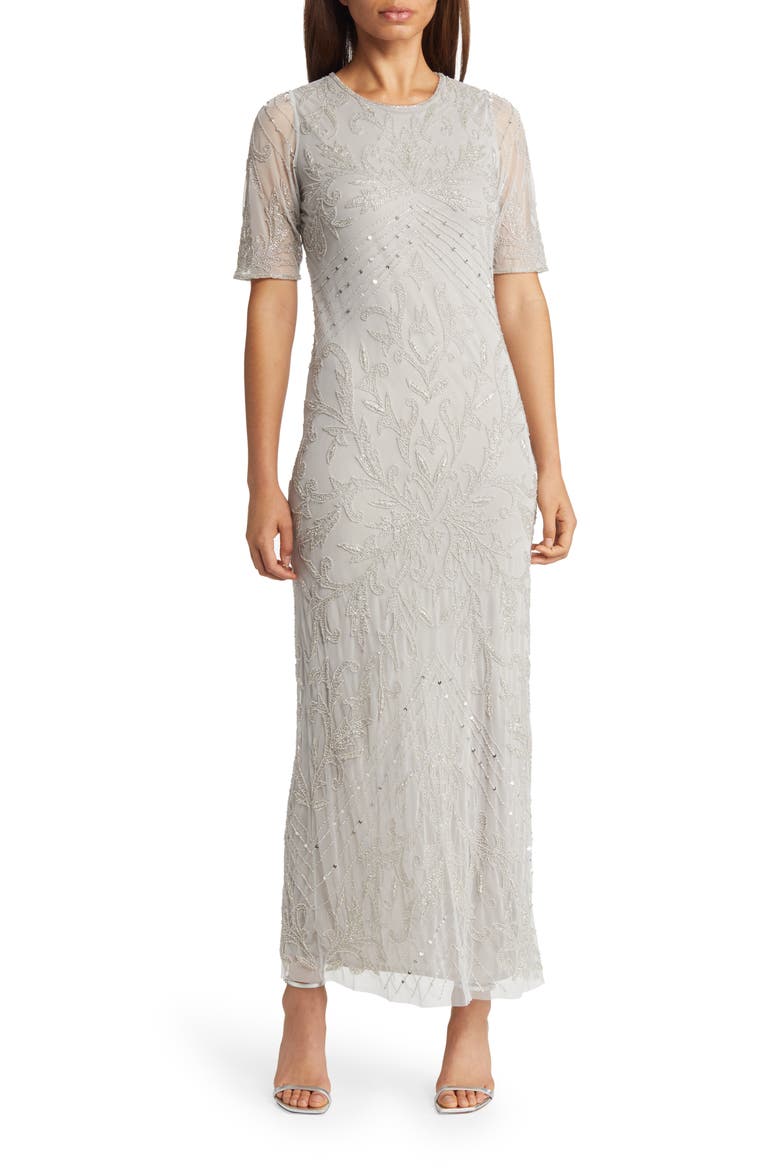 Embellished Chiffon Gown, Main, color, SILVER