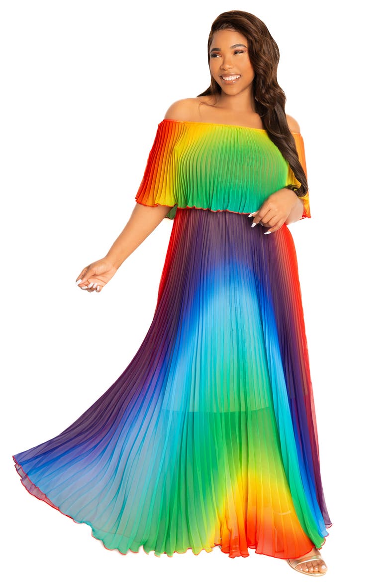 Floral Pleated Off the Shoulder Maxi Dress, Alternate, color, MULTI