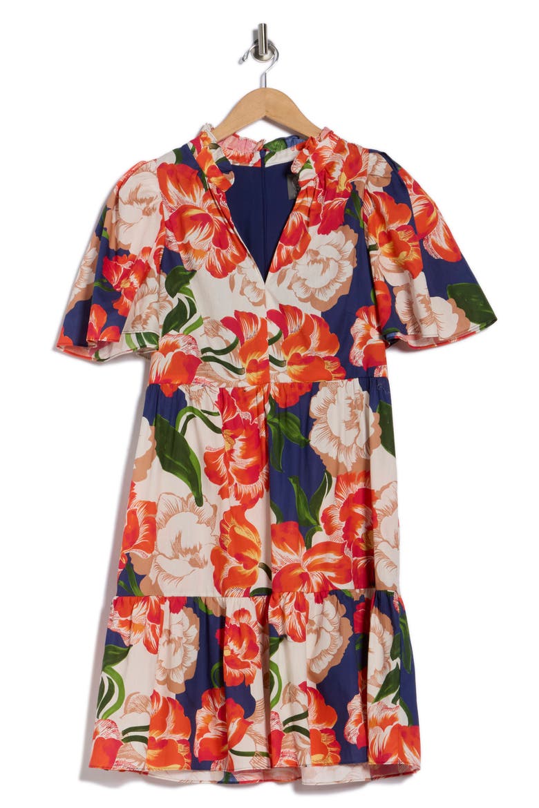 Floral Short Sleeve Poplin Fit & Flare Dress, Alternate, color, NAVY MULTI