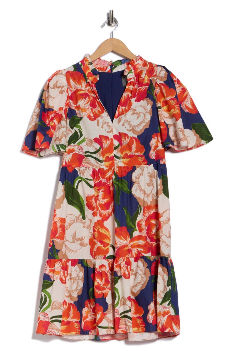 Vince Camuto Floral Short Sleeve Poplin Fit & Flare Dress, Alternate, color, Navy Multi